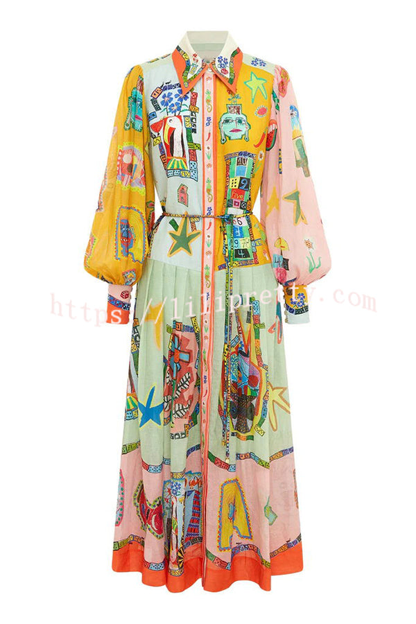 Set for Vacay Unique Print Colorblock Balloon Sleeve Belt Shirt Midi Dress - Fashionpara