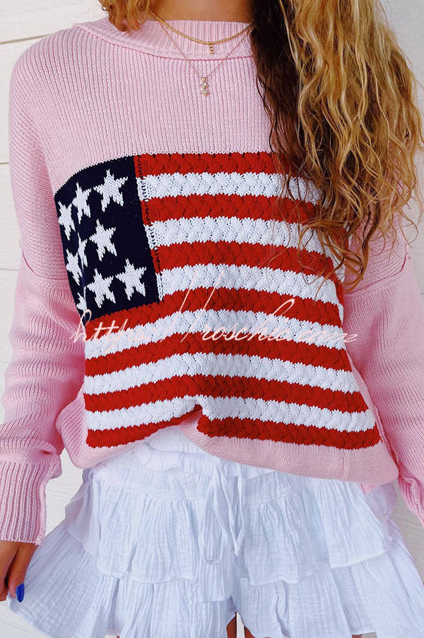 Independence Day Patchwork Long Sleeved Crew Neck Knitted Sweater