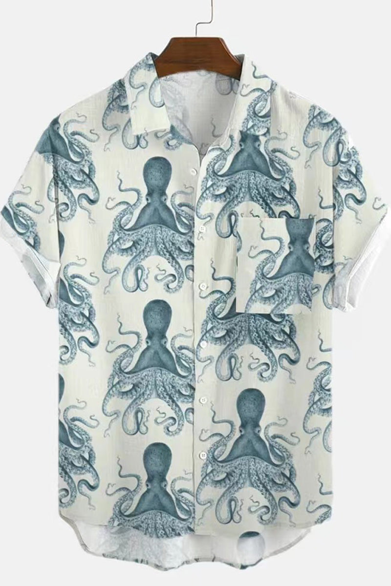 Underwater Animal Print Loose Short-Sleeved Shirt Men's Tops