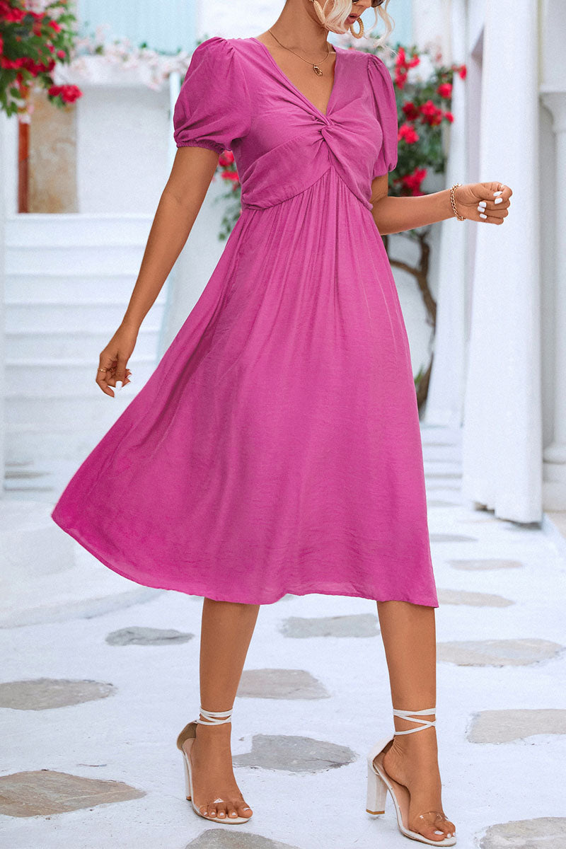 Solid V Neck front twist Midi Dress