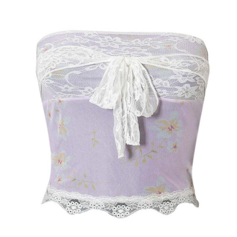 Feminine Floral Tie Strap Sheer Lace Mesh Scalloped Crop Tube Top - Lilac - Fashionpara