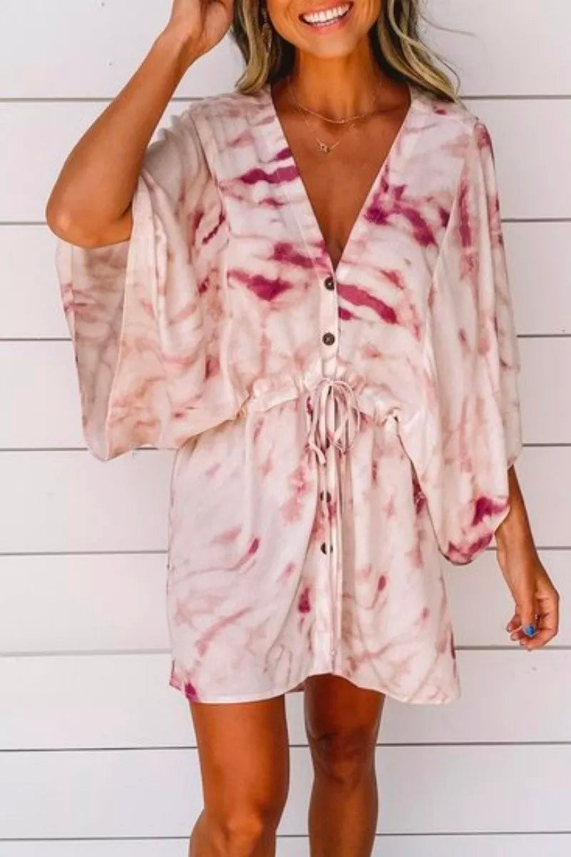 V Neck Tie-dye Purple Mini Dress