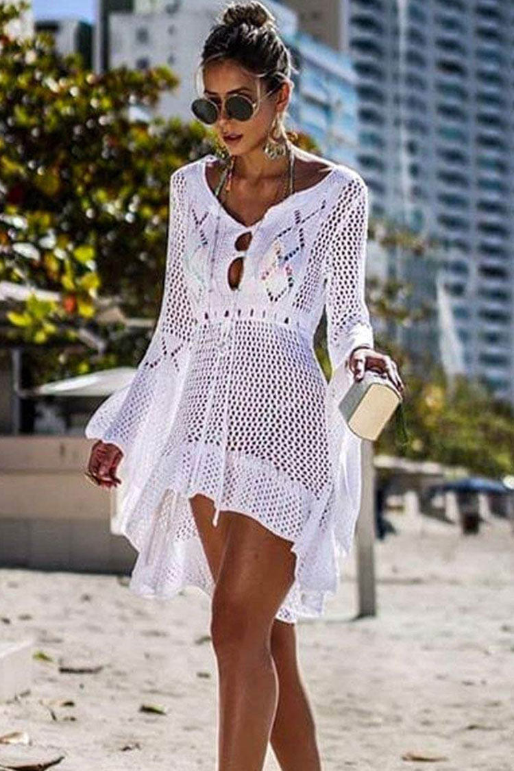 Flare Sleeve Open Knit Crocheting Coverup Dress