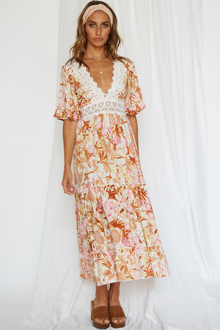 Floral Half Sleeve Lace Panel V Neck Maxi Beach Vacation Dress - Floral