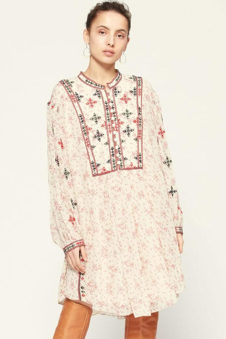 Floral Embroidered Long Sleeve Beach Vacation Midi Dress - Cream - Fashionpara