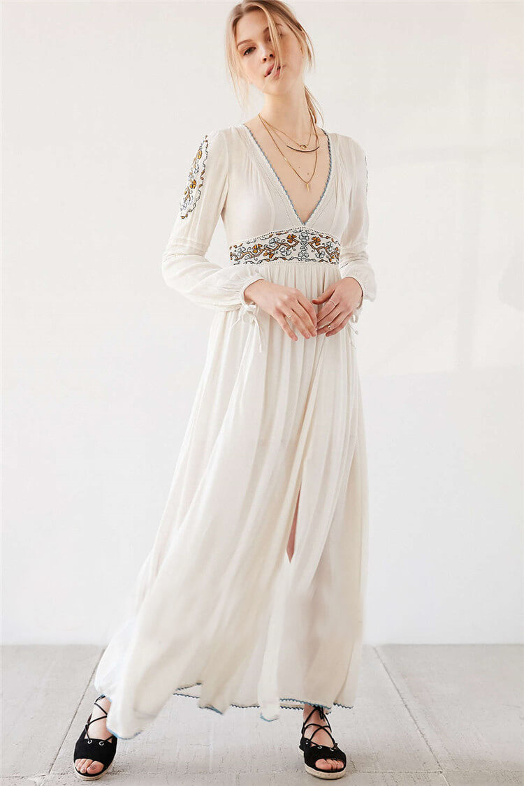 Floral Embroidered Long Sleeve Boho Chic Maxi Dress - White - Fashionpara