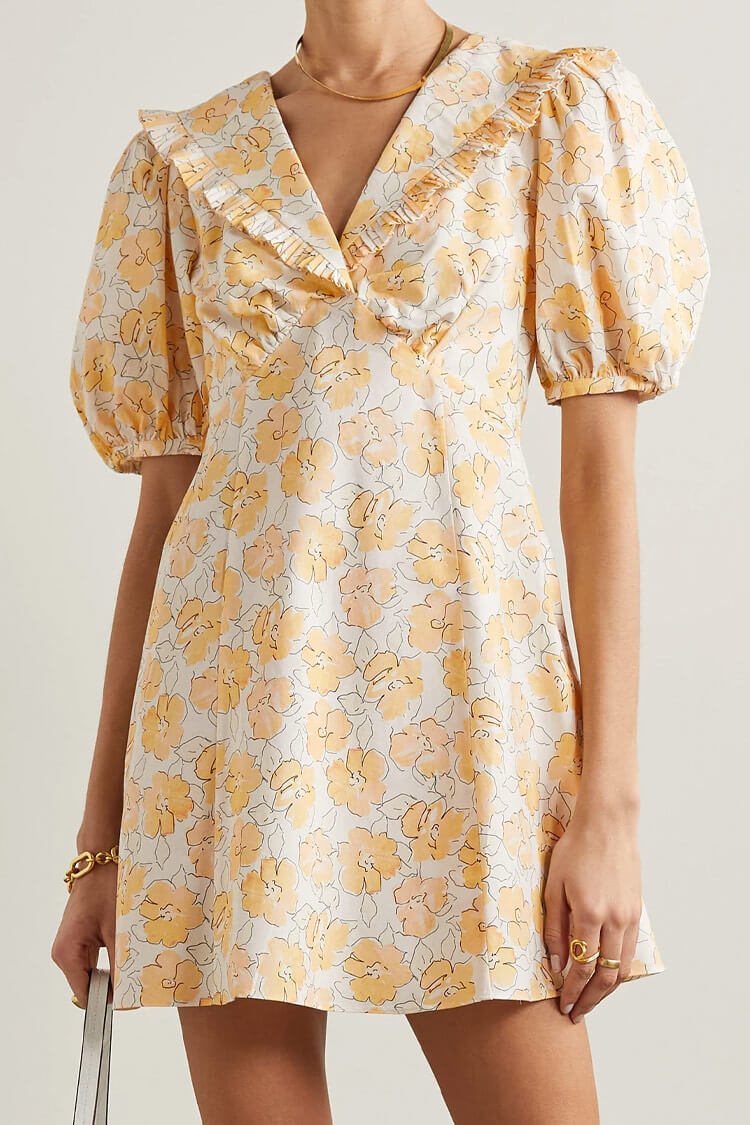 Floral Print Puff Sleeve Ruffle Collared Summer Mini Dress - Yellow - Fashionpara