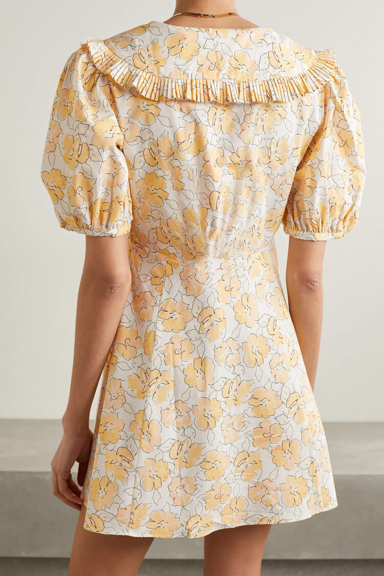 Floral Print Puff Sleeve Ruffle Collared Summer Mini Dress - Yellow - Fashionpara