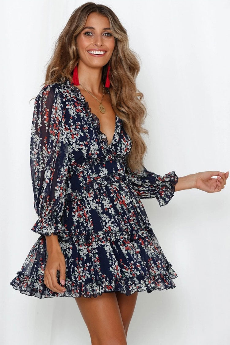 Floral Print V Neck Chiffon Ruffle Beach Vacation Dress - Navy Blue - Fashionpara