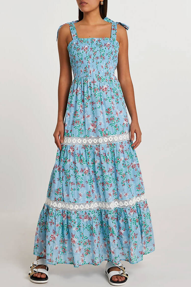 Flowy Daisy Floral Tie Strap Tiered Summer Maxi Sundress - Blue - Fashionpara