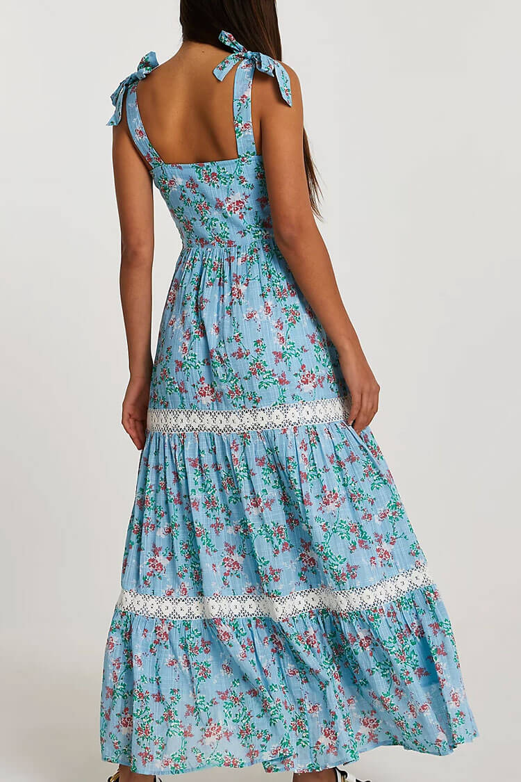 Flowy Daisy Floral Tie Strap Tiered Summer Maxi Sundress - Blue - Fashionpara