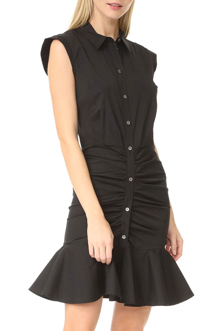 Flowy Fishtail Button Up Sleeveless Ruched Shirt Mini Dress - Black - Fashionpara