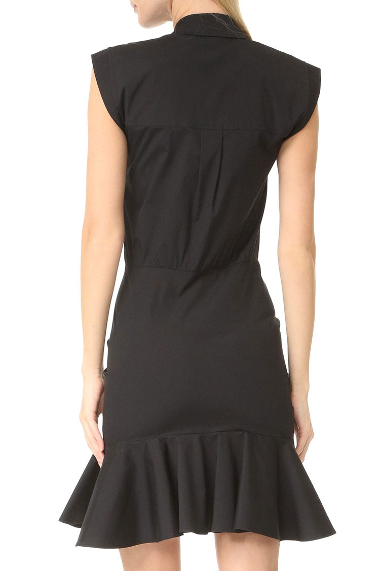 Flowy Fishtail Button Up Sleeveless Ruched Shirt Mini Dress - Black - Fashionpara