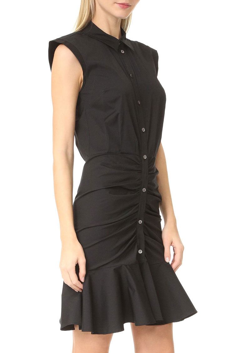 Flowy Fishtail Button Up Sleeveless Ruched Shirt Mini Dress - Black - Fashionpara