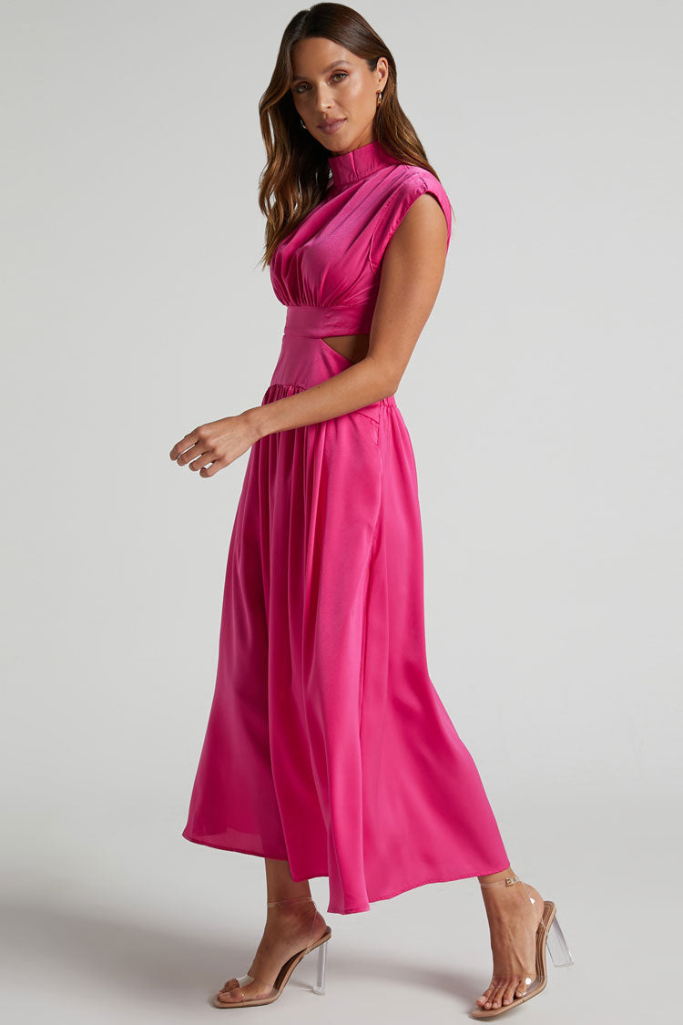 Flowy High Neck Ruched Trim Cutout Waist Summer Midi Sundress - Hot Pink