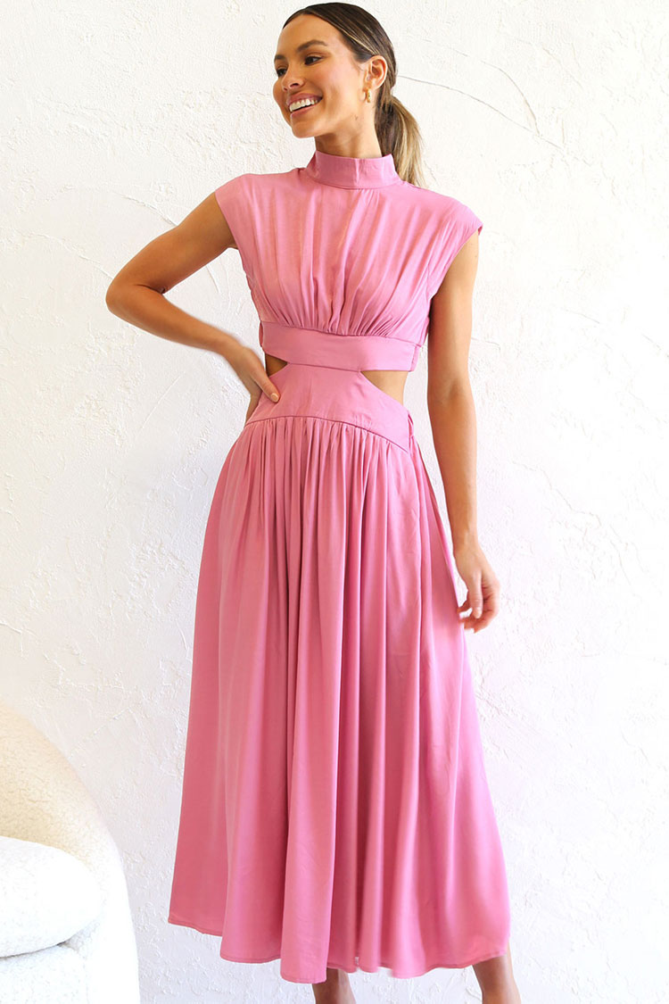 Flowy High Neck Ruched Trim Cutout Waist Summer Midi Sundress - Pink