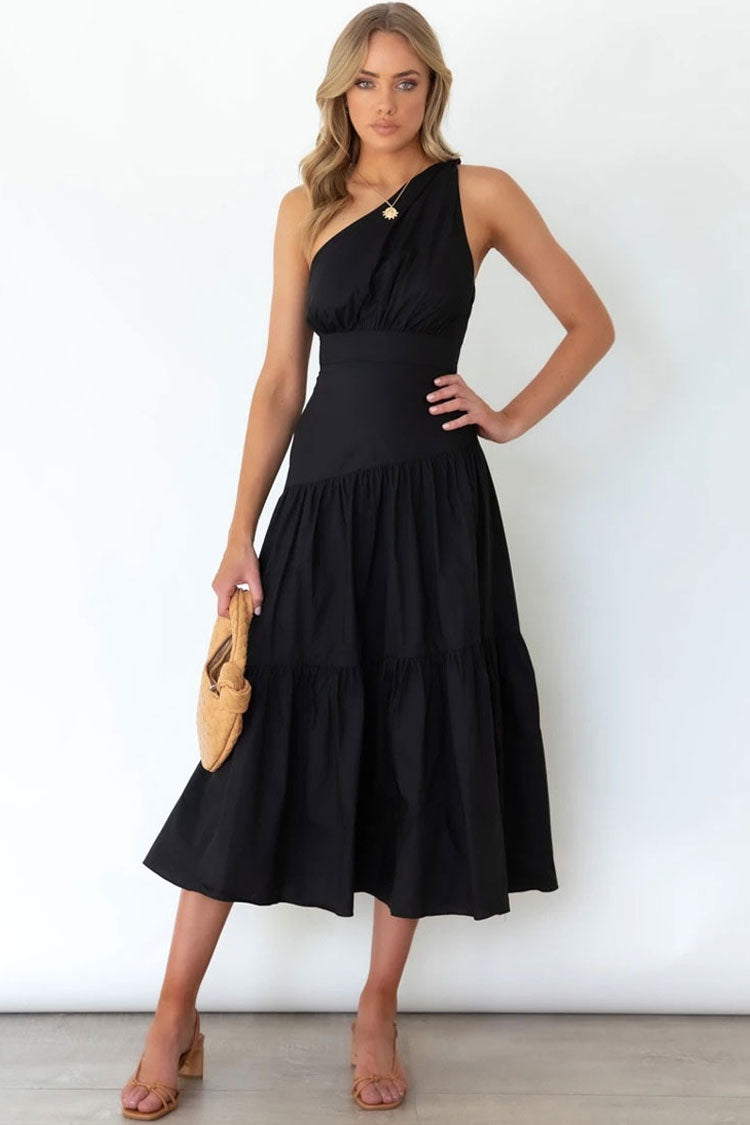 Flowy One Shoulder Tiered Beach Vacation Midi Dress - Black - Fashionpara