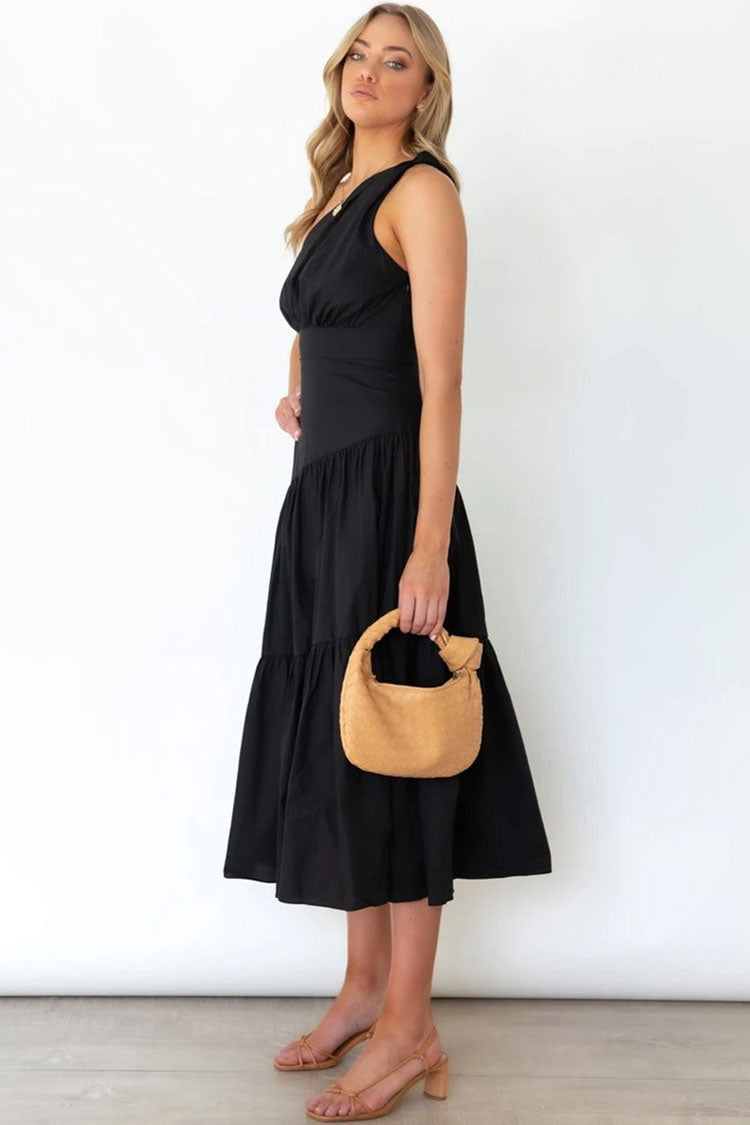 Flowy One Shoulder Tiered Beach Vacation Midi Dress - Black - Fashionpara