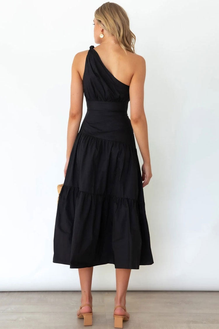 Flowy One Shoulder Tiered Beach Vacation Midi Dress - Black - Fashionpara