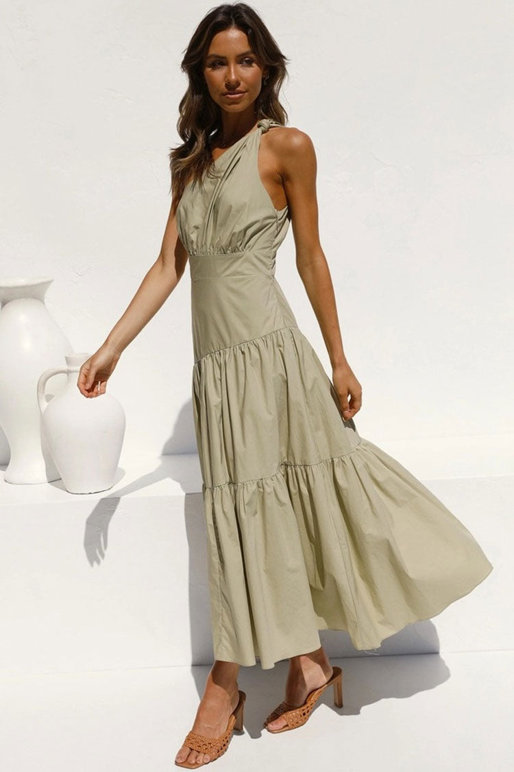 Flowy One Shoulder Tiered Beach Vacation Midi Dress - Green - Fashionpara