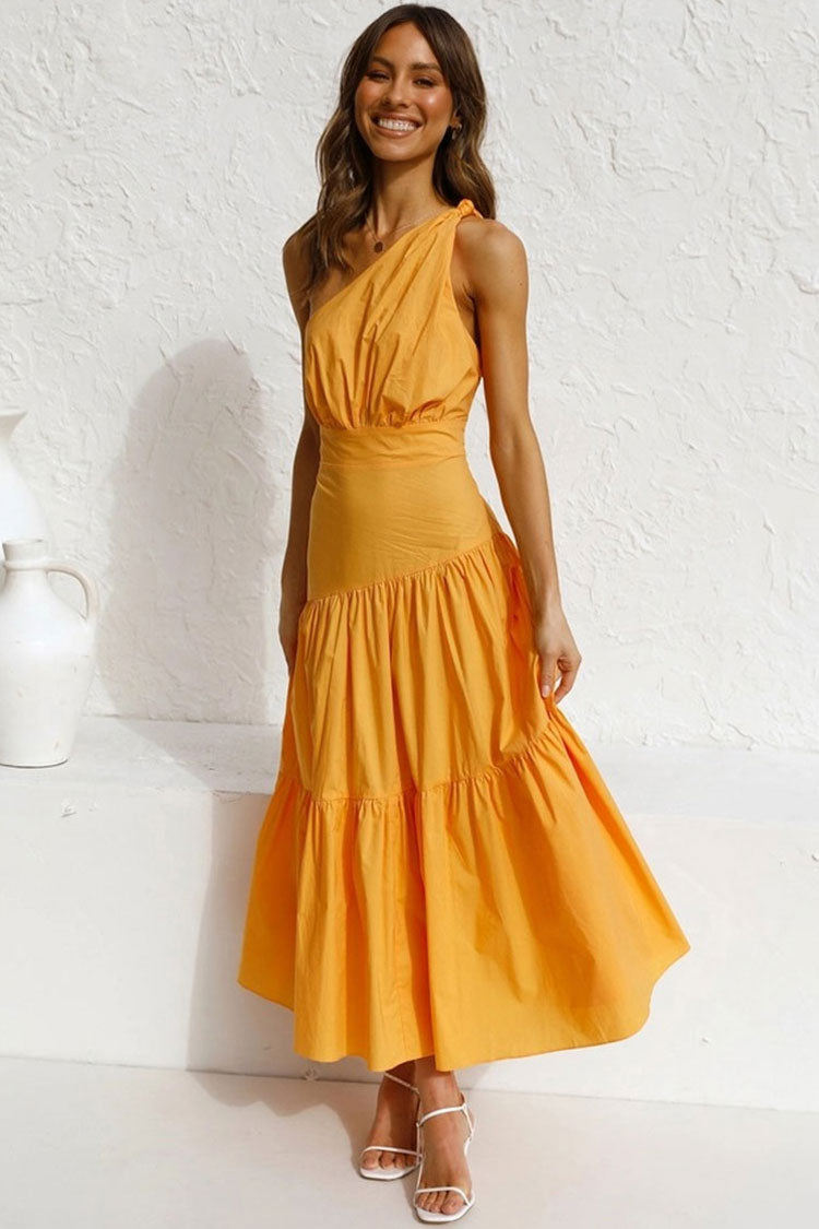 Flowy One Shoulder Tiered Beach Vacation Midi Dress - Yellow - Fashionpara