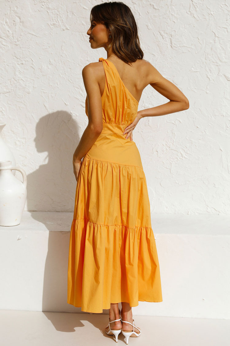 Flowy One Shoulder Tiered Beach Vacation Midi Dress - Yellow - Fashionpara