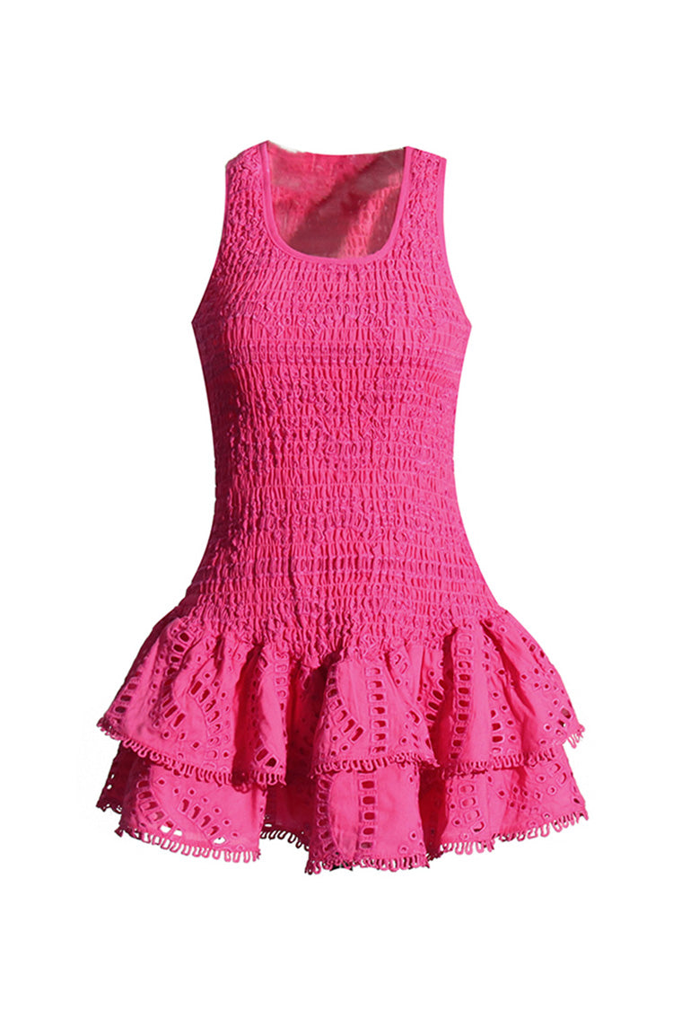 Flowy Scoop Neck Smocked Broderie Anglaise Tiered Ruffle Mini Sundress