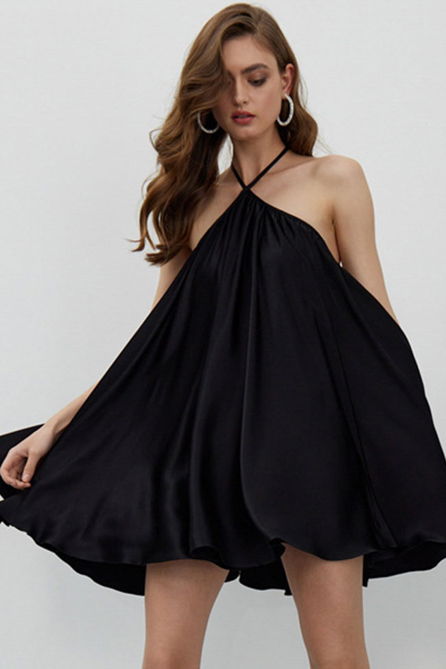 Flowy Sleeveless Criss Cross Open Back Summer A Line Mini Dress - Black - Fashionpara