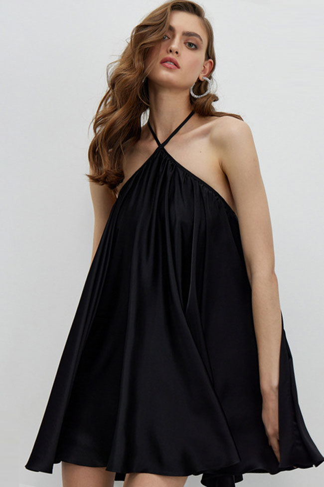 Flowy Sleeveless Criss Cross Open Back Summer A Line Mini Dress - Black - Fashionpara