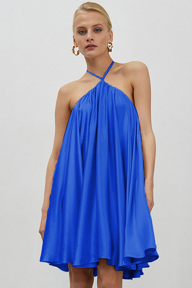 Flowy Sleeveless Criss Cross Open Back Summer A Line Mini Dress - Blue - Fashionpara