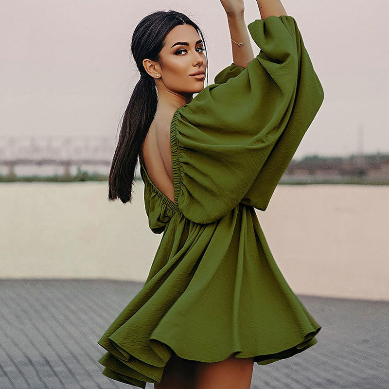 Flowy Textured Ruched Ruffle Deep V Butterfly Sleeve Mini Dress - Green