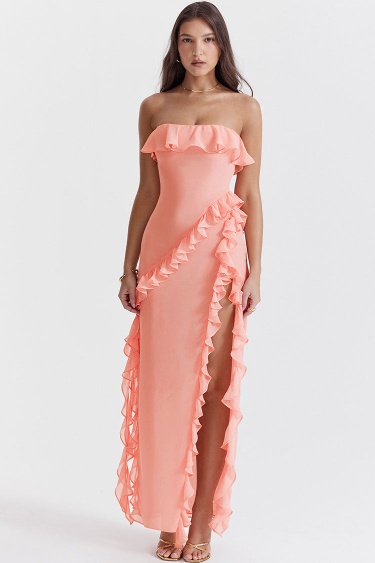 Fluttering Frill Trim Strapless High Split Draped Ruffle Maxi Dress - Pink - Fashionpara