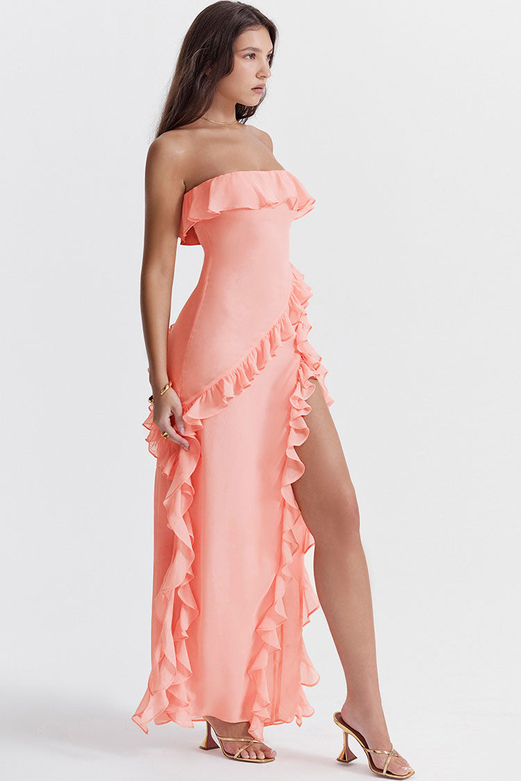 Fluttering Frill Trim Strapless High Split Draped Ruffle Maxi Dress - Pink - Fashionpara