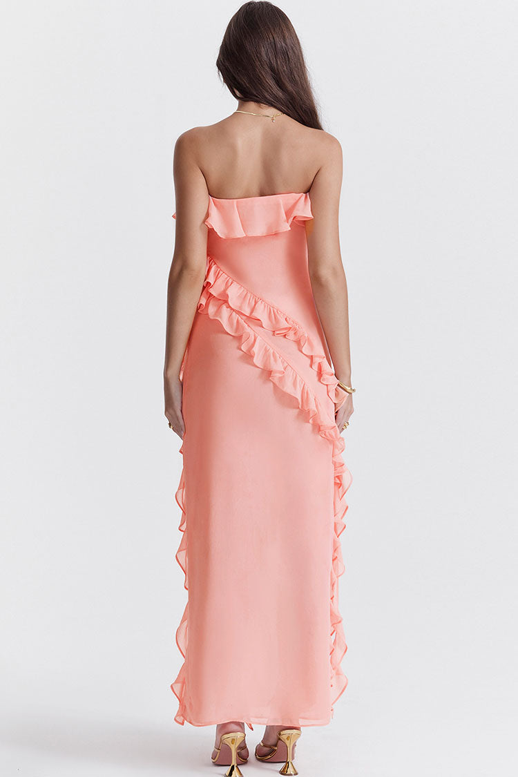 Fluttering Frill Trim Strapless High Split Draped Ruffle Maxi Dress - Pink - Fashionpara