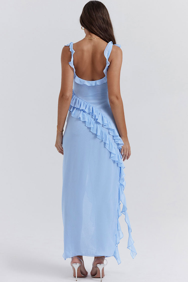 Fluttering Sweetheart Sleeveless High Split Draped Ruffle Maxi Dress - Blue - Fashionpara