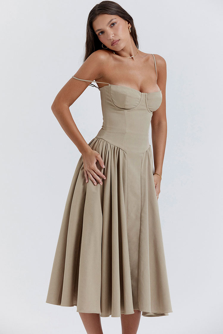 French Bustier Spaghetti Strap Drop Waist Fit & Flare Midi Sundress - Khaki - Fashionpara