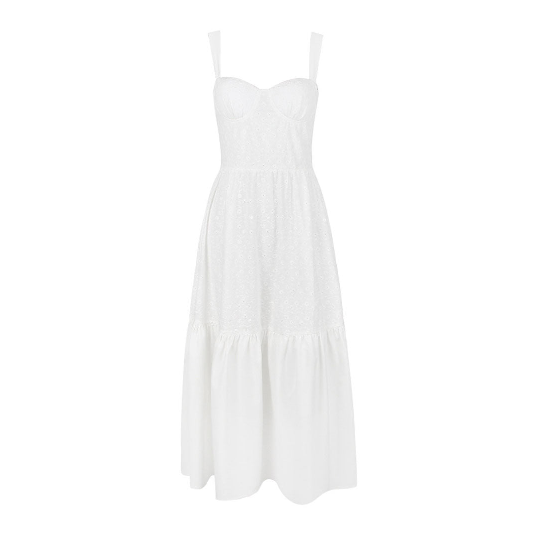 French Style Bustier Embroidered Broderie Anglaise Ruffled Midi Sundress