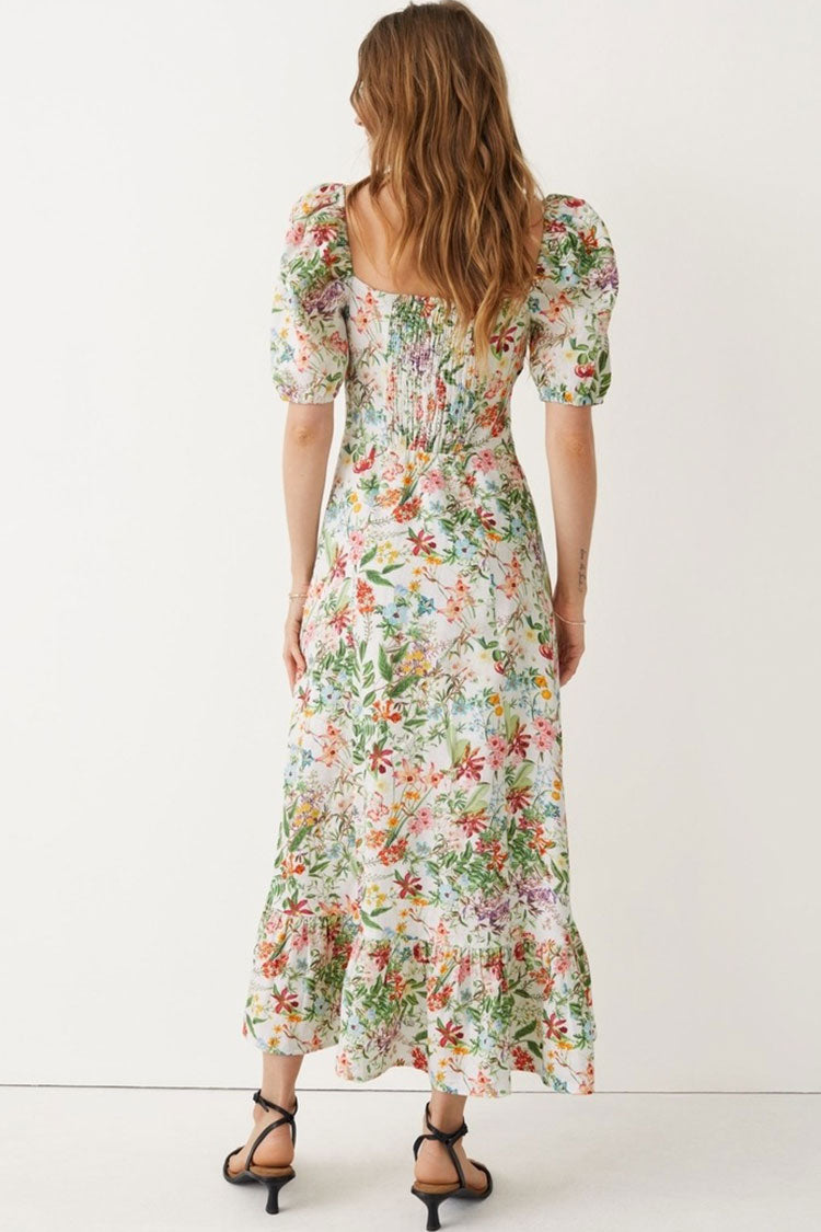 French Style Puff Sleeve Smocked Floral Printed Split Linen Midi Dress - Green - Fashionpara