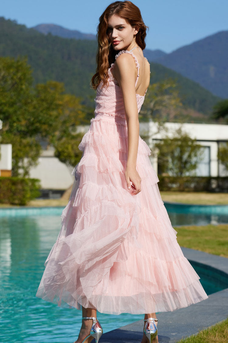 French Style Ruffle V Neck Sleeveless Tiered Tulle Evening Maxi Dress - Pink