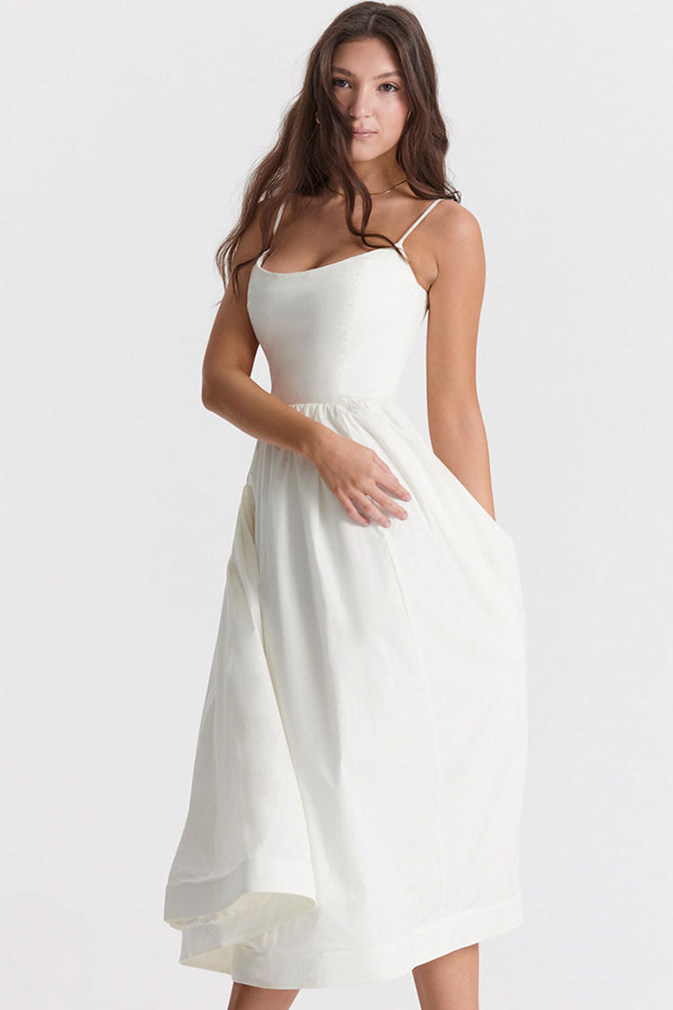 Fresh Scoop Neck Spaghetti Strap Pocket Trim Fit & Flare Midi Sundress - White