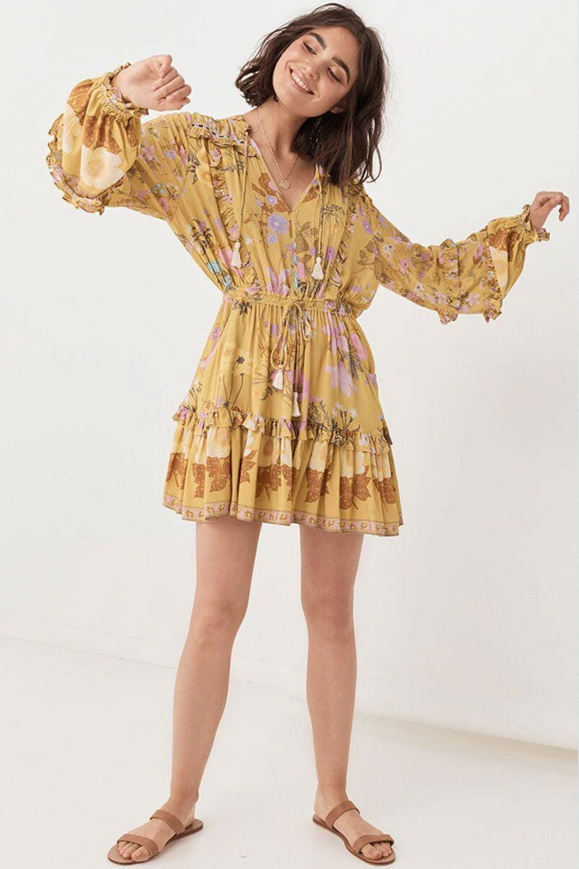 Frilly Long Sleeve Floral Print Mini Beach Vacation Dress - Yellow - Fashionpara