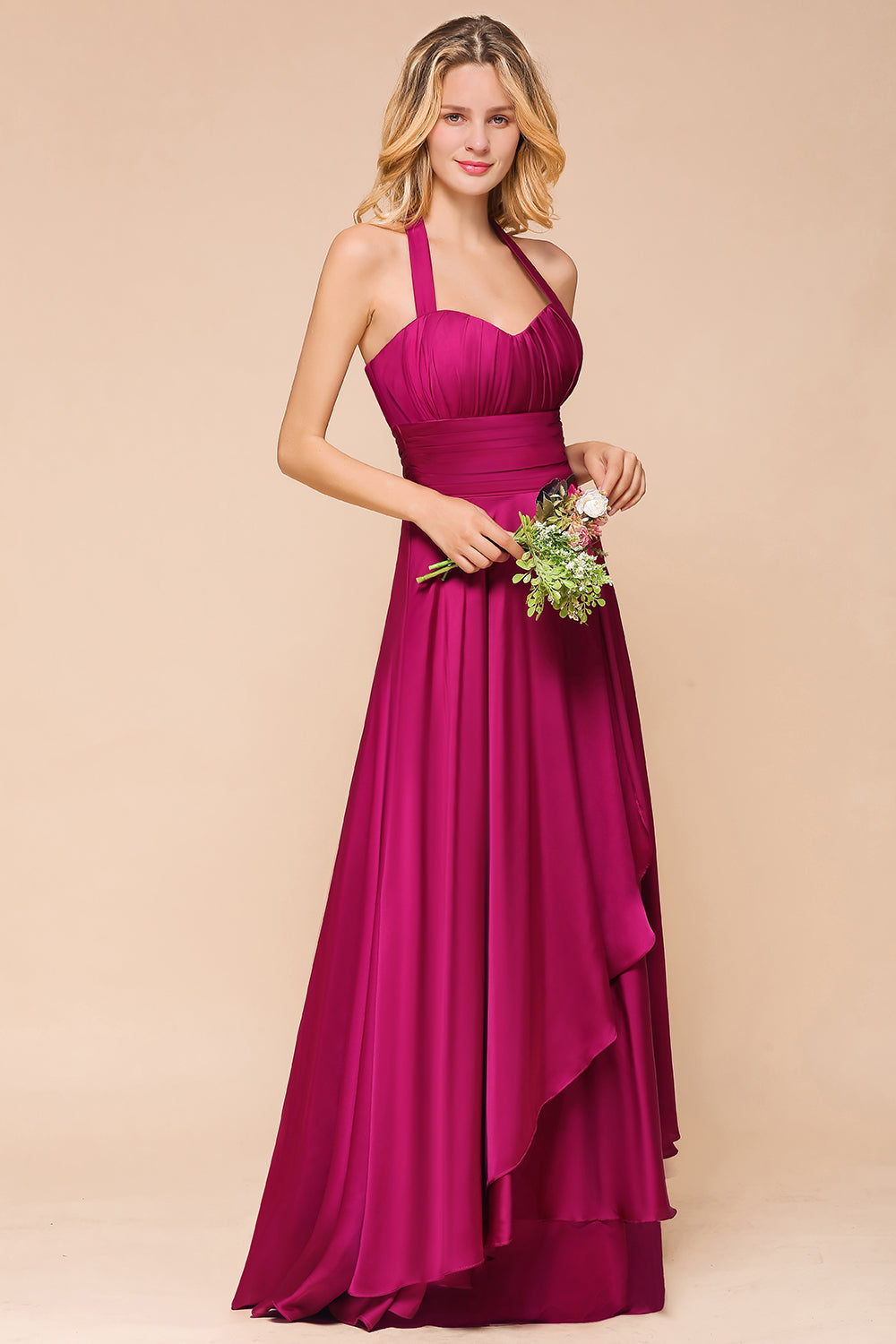 Fuchsia Halter Chiffon Bridesmaid dresses Long