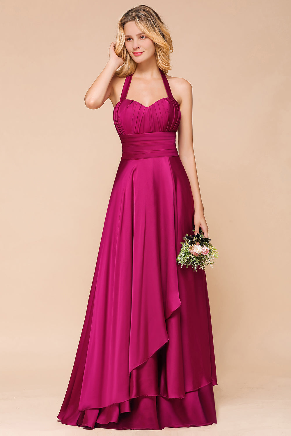 Fuchsia Halter Chiffon Bridesmaid dresses Long