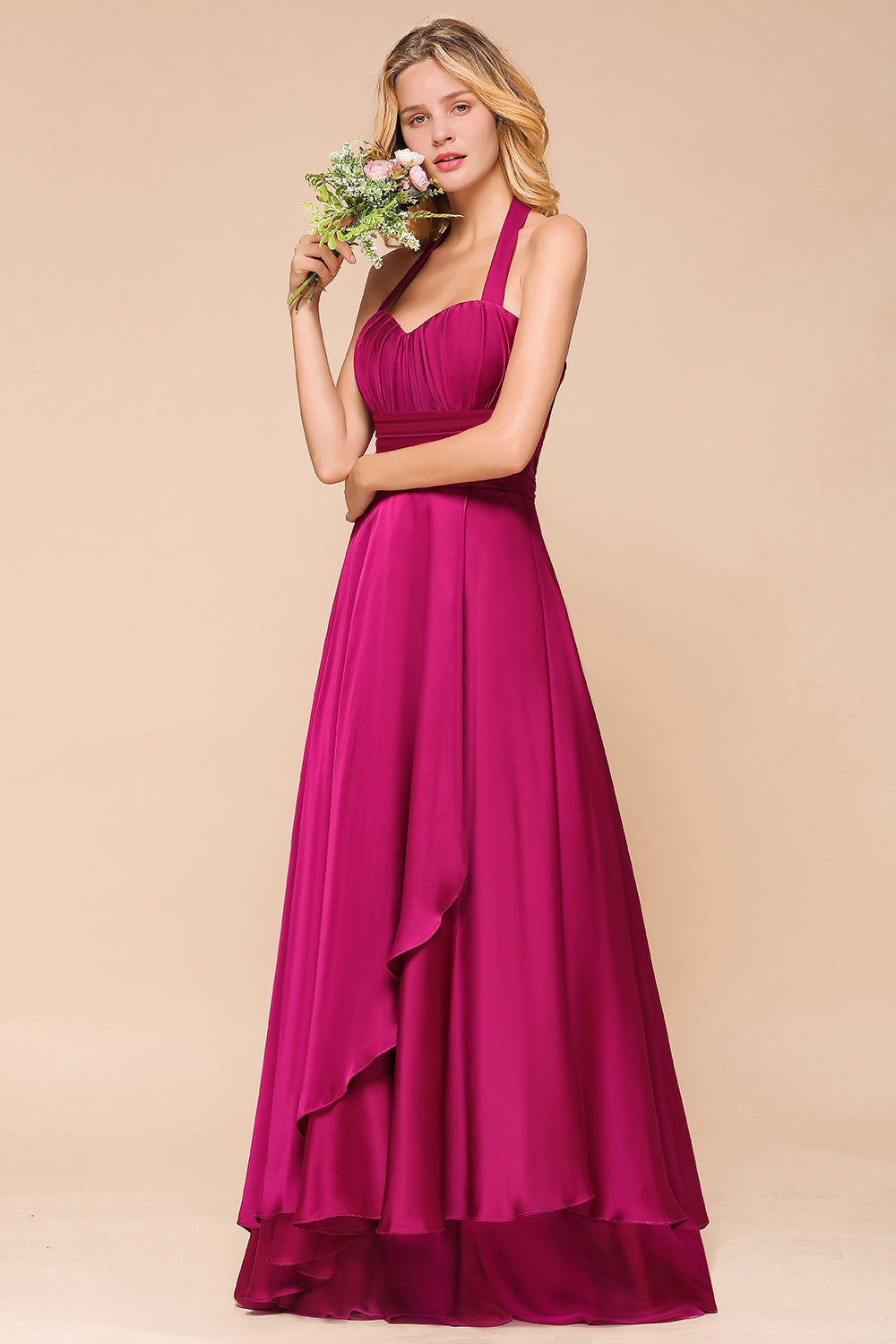 Fuchsia Halter Chiffon Bridesmaid dresses Long