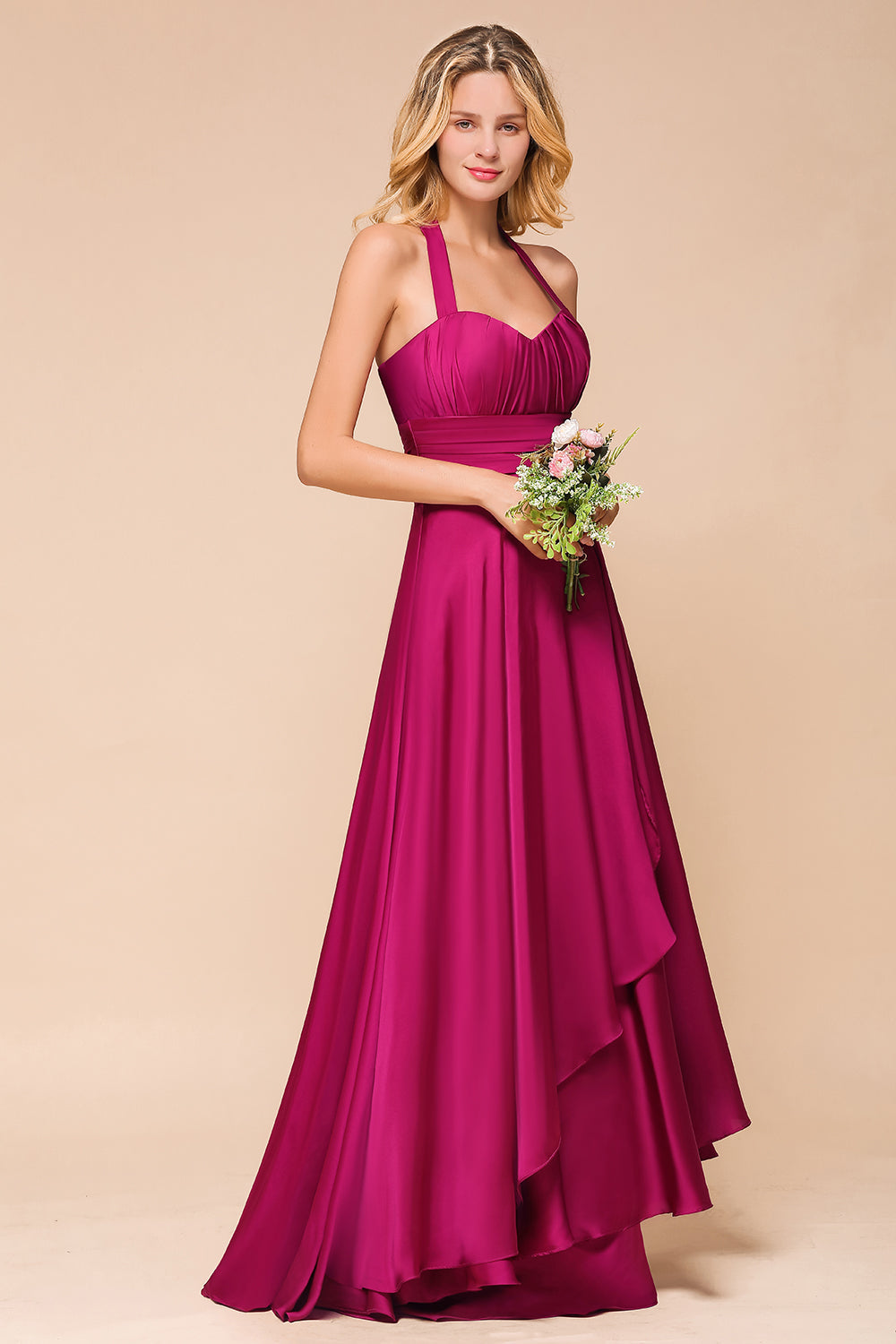 Fuchsia Halter Chiffon Bridesmaid dresses Long