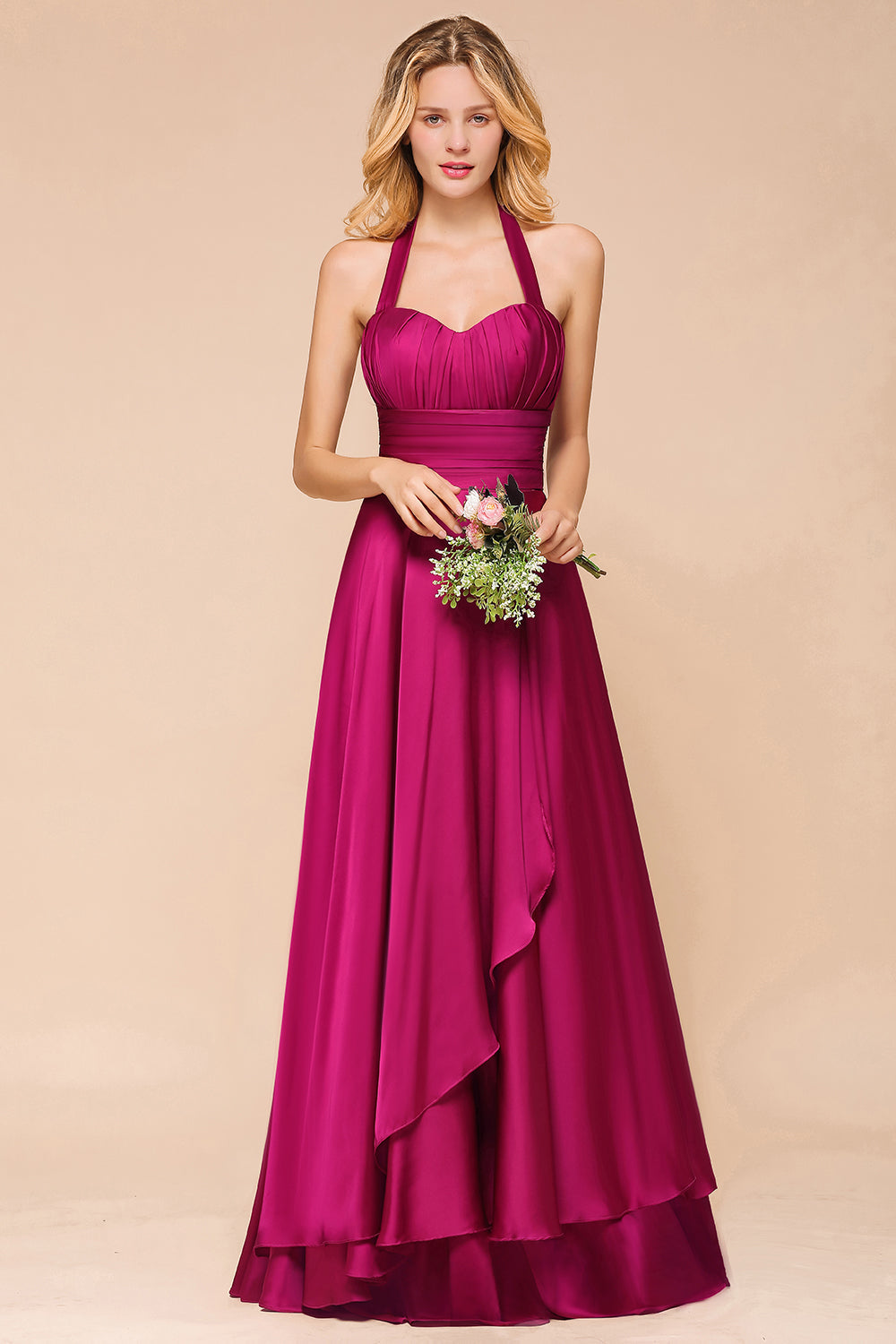 Fuchsia Halter Chiffon Bridesmaid dresses Long