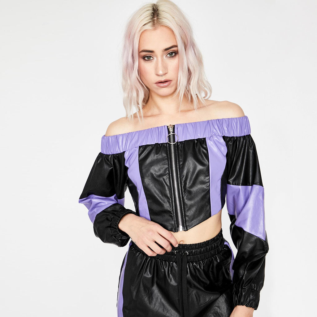 Futuristic Color Block Off Shoulder Zip Front Crop Leather Top - Black