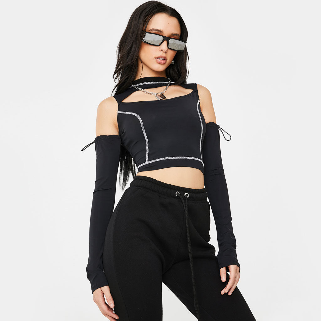 Futuristic Style High Neck Cut Out Long sleeve Crop Top - Black