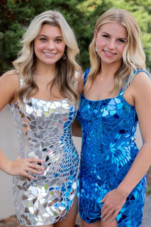 Square-Neck Silver Cut-Mirror Sequin Bodycon Homecoming Dress