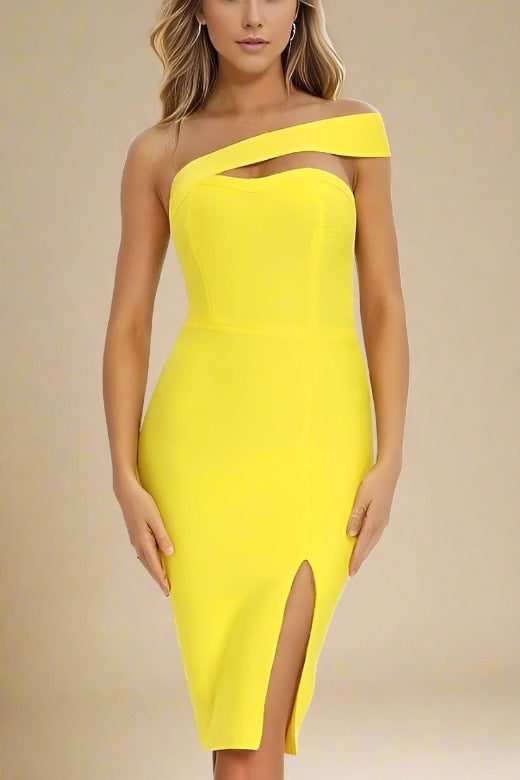 Woman wearing a figure flattering  Gianna Bandage Dress - Sun Yellow BODYCON COLLECTION